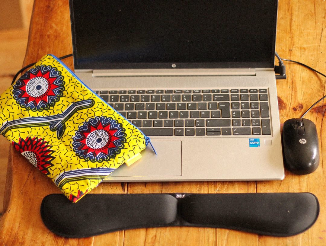 African Print Upcycled Fabric Accessories Case with hessian coffee sack lining.