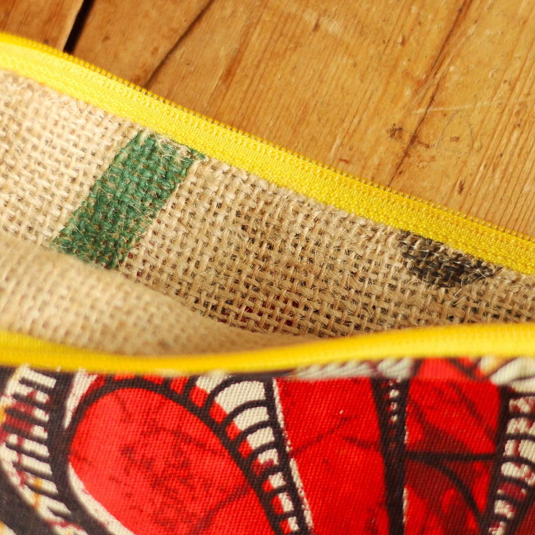 African Print Upcycled Fabric Accessories Case with hessian coffee sack lining.