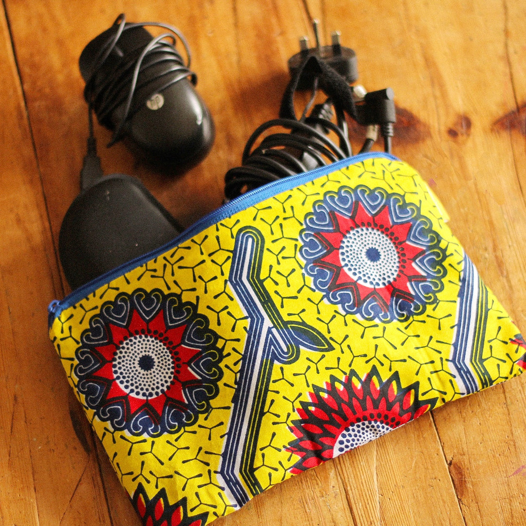 African Print Upcycled Fabric Accessories Case with hessian coffee sack lining.