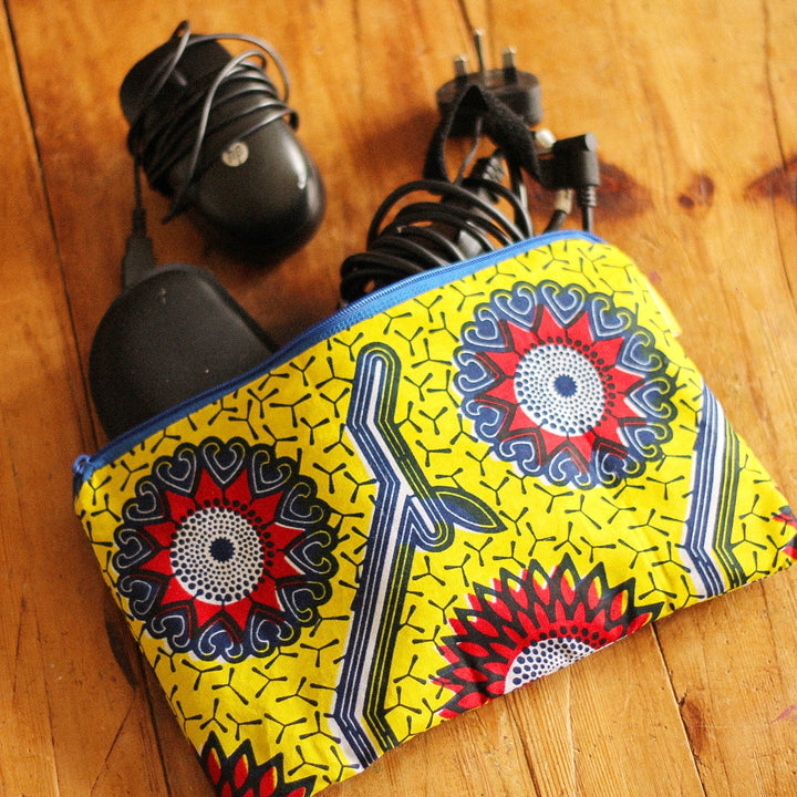 African Print Upcycled Fabric Accessories Case with hessian coffee sack lining.