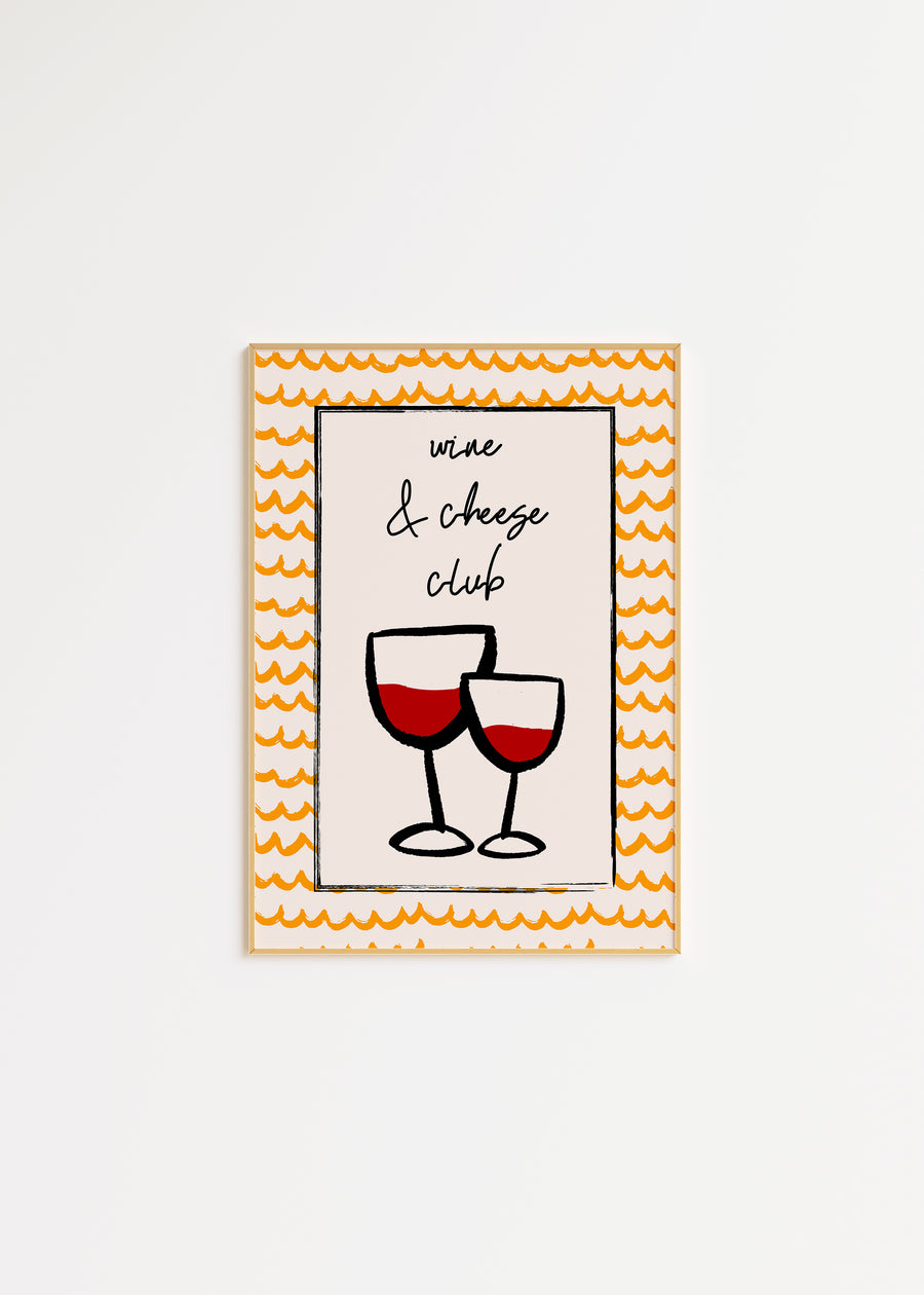 Wine and Cheese Club Print in Yellow A3