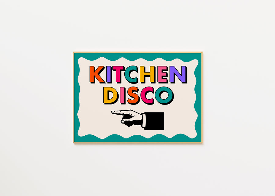 Kitchen Disco Print in Teal A3 (left)